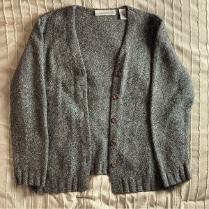 Size large grey knitted Architect cardigan sweater with purple-brown buttons.